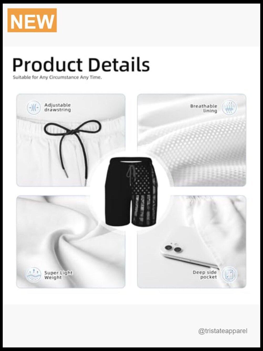 Quick Dry Board Shorts with Mesh Lining, Drawstring Waist - Picture 4 of 5
